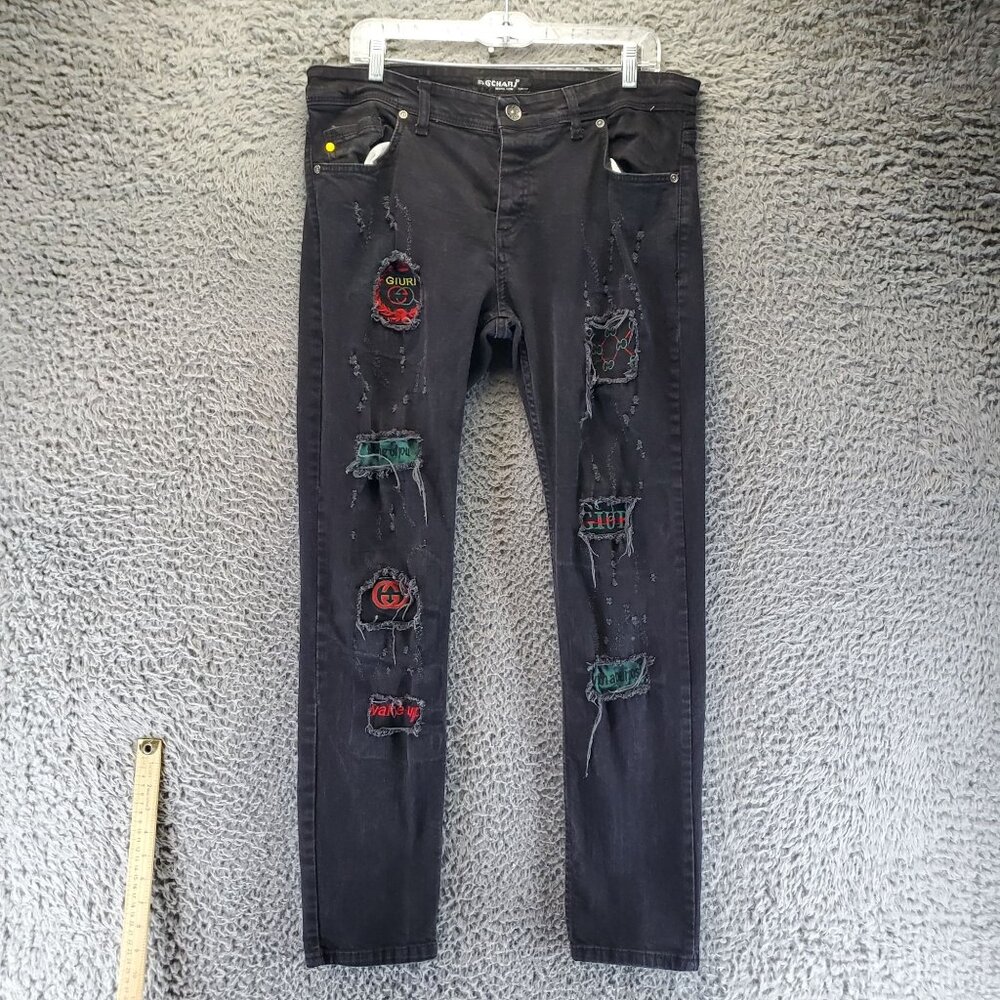Charj Jeans Mens Size 36x30 Black Distressed Patchwork Slim Fit Stretch Denim